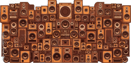 An artistic illustration depicting a chaotic array of retro-style music speakers in shades of brown
