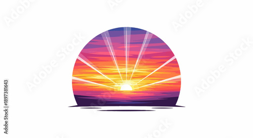 Vibrant pixel art sunset over the sea, with sun rays piercing a colorful gradient sky in an arched frame