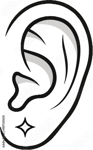 Stylized black and white human ear illustration with a subtle grey shading and a small sparkle mark