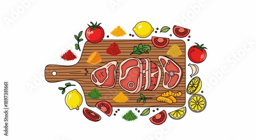 An illustration of raw meat cuts on a wooden board surrounded by various colorful spices, herbs, fruits, and vegetables