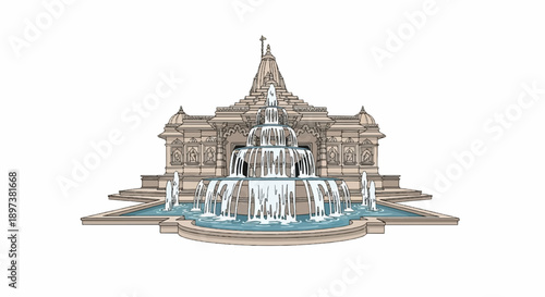 An intricate cartoon illustration of a tiered temple with a cascading fountain and surrounding water features