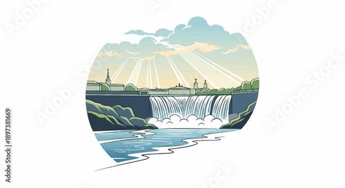 Stylized illustration of a majestic waterfall cascading into a river, framed by distant buildings and hills under a radiant sky