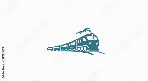 Stylized blue-green passenger train with multiple cars and smoke, moving on tracks