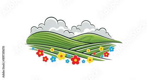 Vibrant cartoon landscape illustration with rolling green hills, fluffy grey clouds, and scattered colorful flowers