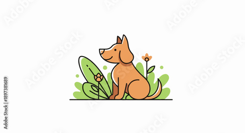 An adorable cartoon dog sitting amidst green foliage and orange flowers on a simple white background
