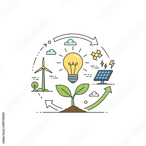 Green energy concept with plant and light bulb.