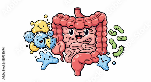 Cartoon illustration of intestines surrounded by various smiling gut bacteria, microbes, and immune cells