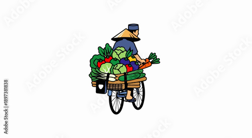 An illustration of a person wearing a conical hat, riding a bicycle laden with fresh, colorful vegetables
