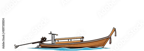 An illustrated longtail boat with a motor and a decorated bow, floating on pixelated blue water