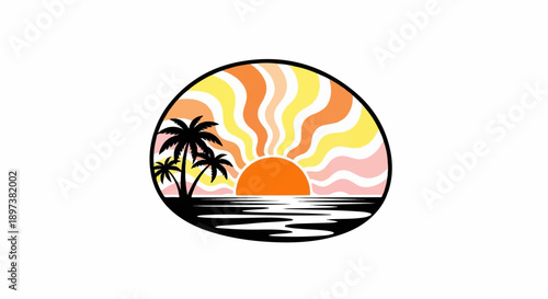 Retro circular tropical sunset graphic with palm trees silhouetted against a wavy sky and ocean