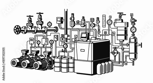 Detailed black and white schematic of a complex industrial system featuring pipes, pumps, valves, and gauges