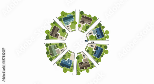 Overhead view of a circular neighborhood with detached houses, green lawns, trees, roads, and cars