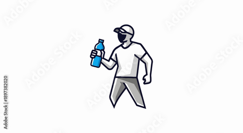 Stylized illustration of a person in a cap holding a blue bottle, promoting hydration or sports