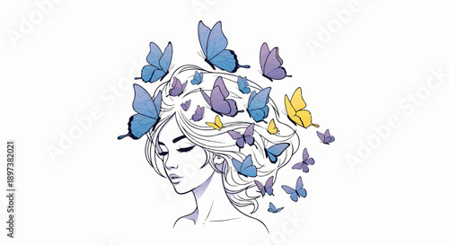 Illustrative profile of a woman with closed eyes, her hair transforming into a swarm of colorful butterflies
