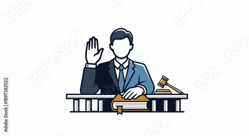 Illustration of a person with raised hand and other hand on a book, gavel nearby, judicial theme
