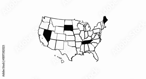 Black and white outline map of the United States with specific states highlighted in black
