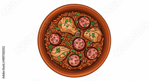 Top-down pixel art illustration of a flavorful dish with chicken pieces, sliced sausage, and rice, garnished with parsley in a rustic bowl