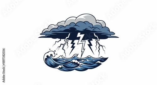 Stylized illustration of a stormy sea with dark clouds, multiple lightning bolts, and crashing waves
