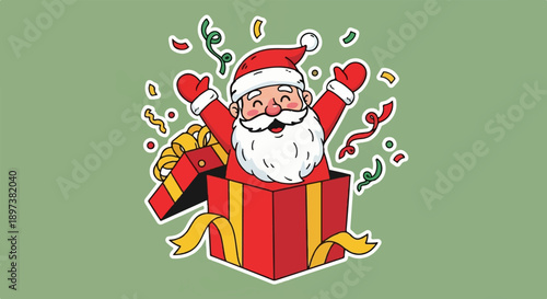 Happy cartoon Santa Claus emerges from a festive red gift box with golden ribbons, surrounded by colorful confetti