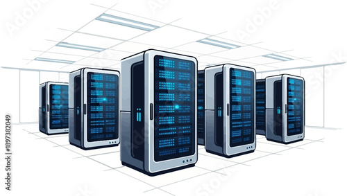 Pixel art illustration of multiple server racks with glowing blue lights in a bright data center environment