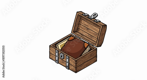An isometric illustration of an open wooden treasure chest revealing a brown book and old papers inside