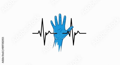 Stylized blue hand with fingers spread, intersected by a continuous black heartbeat line on white background