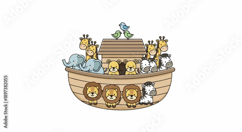 Charming cartoon ark filled with pairs of cute animal characters, including elephants, lions, and giraffes
