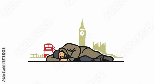 Stylized illustration of a person sleeping on the ground in a city, with famous landmarks behind