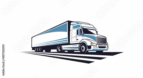Illustration of a large semi-truck and trailer in blue and white, with black outlines, conveying movement