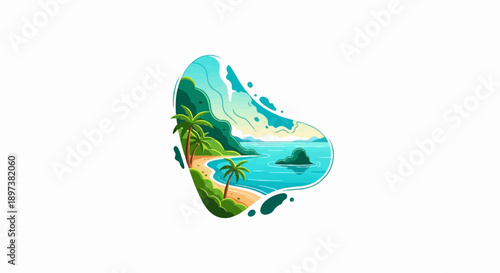 An illustration of a serene tropical beach with palm trees, blue ocean, and green mountains in a fluid shape