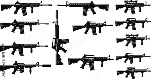 Set of tactical assault rifle silhouettes with scopes and suppressors isolated on white background for military and defense design