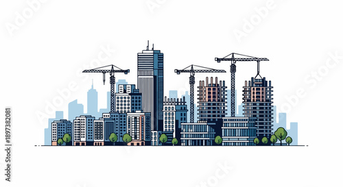 An illustrative cityscape featuring multiple buildings under construction, with several tower cranes against a white background