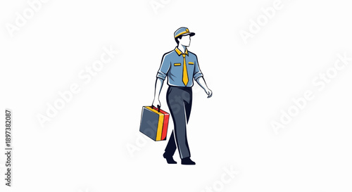 Illustration of a person in uniform, wearing a cap and tie, walking with a colorful briefcase
