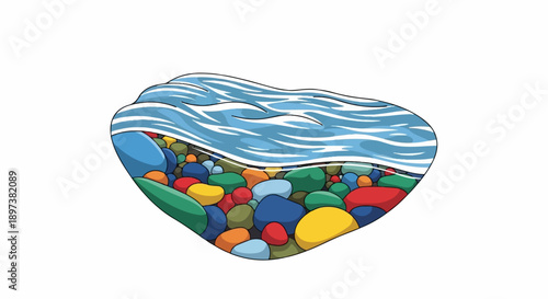 Graphic illustration of clear water flowing over a bed of smooth, colorful river stones