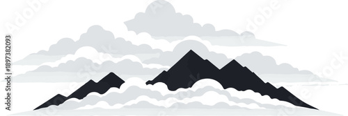 Minimalist grayscale illustration of majestic mountains emerging from layers of soft clouds, creating a serene landscape