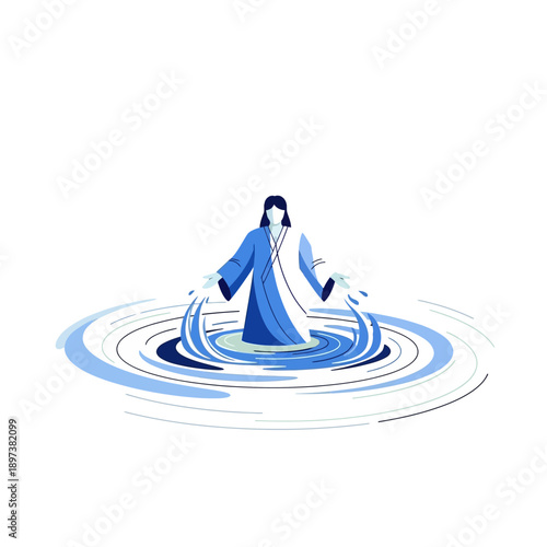 Jesus Christ walking on water with ripples effect.