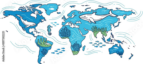 Stylized world map with oceans filled with marine life like whales, seahorses, fish, and coral reefs