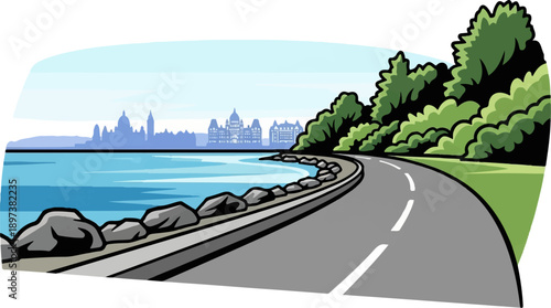 Coastal road curves by calm water, city skyline beyond, with lush green trees lining the sunny path