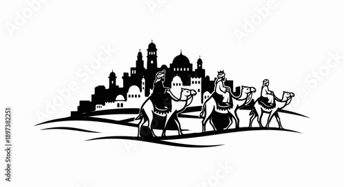 Three cloaked figures on camels journey towards a detailed silhouette of an ancient city skyline