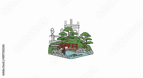 Stylized illustration of a Japanese garden with red bridge, pond, bonsai, stone lantern, and architectural background