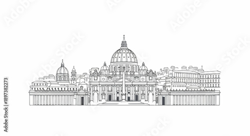 Detailed monochrome outline sketch of a grand historical domed basilica amidst a classic cityscape