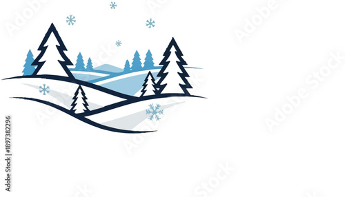 Stylized illustration of a serene winter landscape with snow-covered hills, pine trees, and falling snowflakes