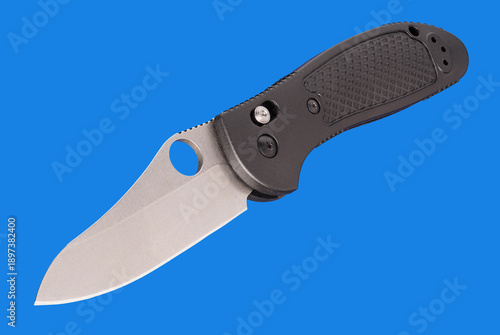 tactical hunting knife with blade lock  on a blue background