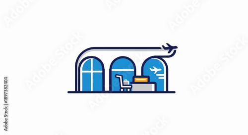 Minimalist blue and white illustration of an airport terminal building with planes taking off and luggage
