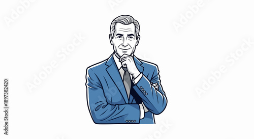 Smiling mature businessman in a blue suit, gray hair, with hand on chin, looking thoughtful