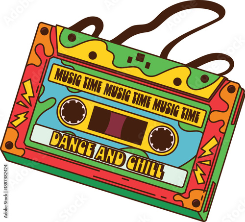 Cartoon groovy audio cassette icon. Bright, colorful cassette tape with a psychedelic 1970s design, radiating retro disco charm. Funky vintage vector element for music party, or nostalgic stickers