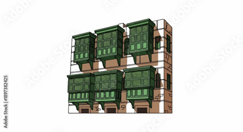 Stylized illustration of traditional green wooden balconies on a light brown building facade