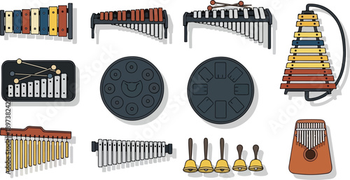 Collection of various percussion instruments displayed on a plain background from a straightforward viewpoint