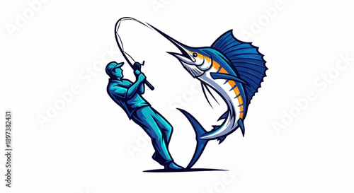 Illustration of an angler battling a large, jumping sailfish with a fishing rod, vibrant colors