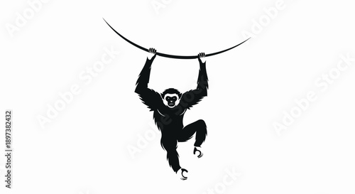 Stylized black silhouette of a gibbon or monkey swinging from a curved branch on a white background